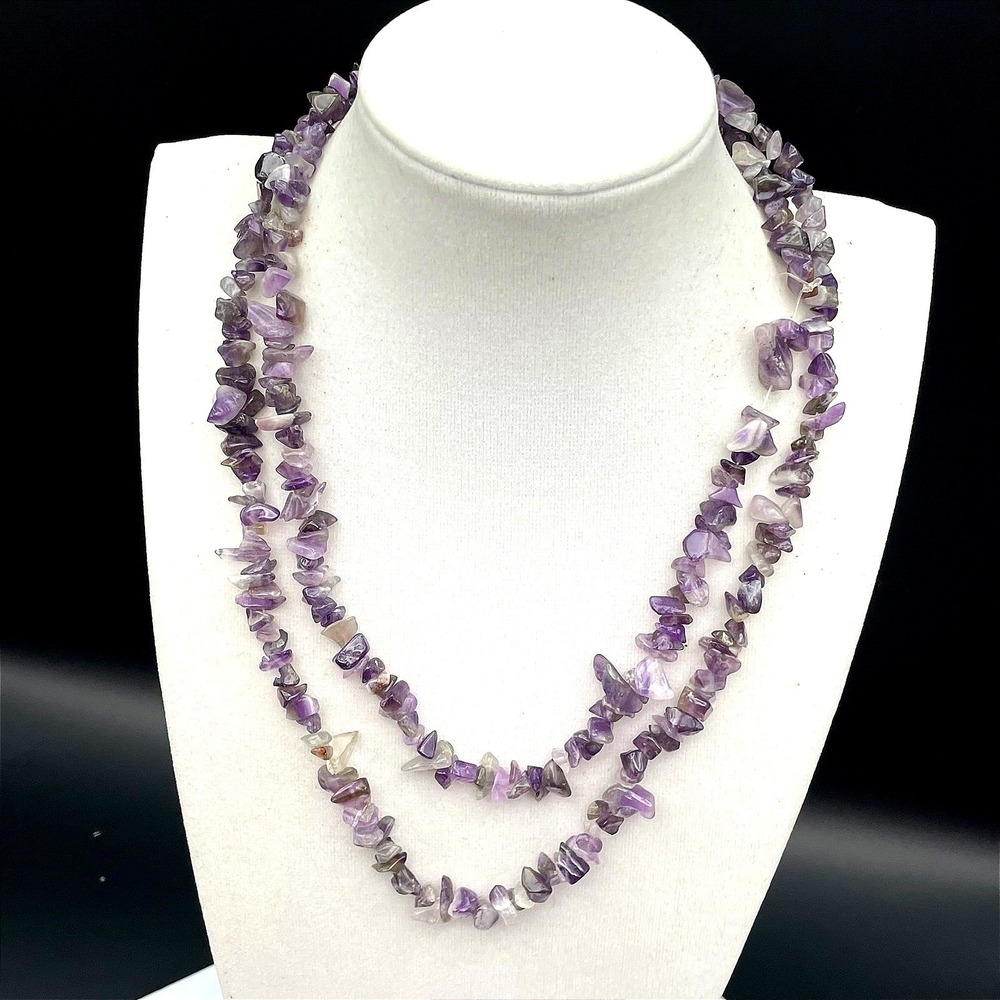 Vintage Long Amethyst Chip Necklace Double Strand Natural Purple Gemstone Boho